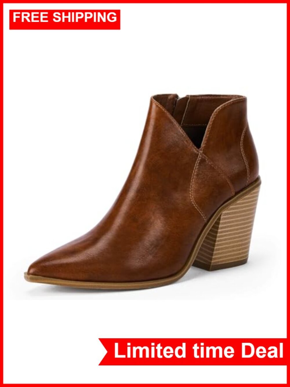 Womens Pointed Toe Ankle Boots Block Chunky Heel Cutout Faux Leather